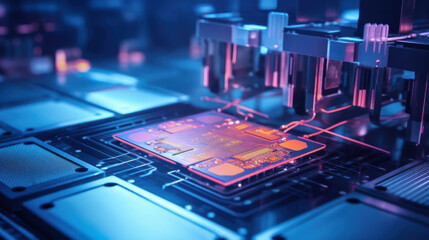 The silicon crystal is removed from the semiconductor wafer and bonded to the substrate using a placement machine. Semiconductor packaging process. Concept of modern technology, production.