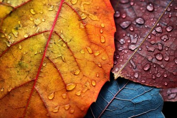 Photo of a vibrant autumn leaf's hidden textures. Generative AI