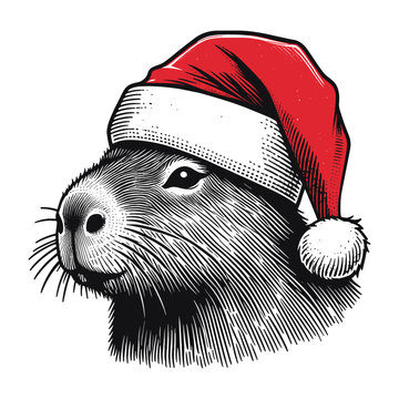 capybara wearing red Christmas hat vector sketch