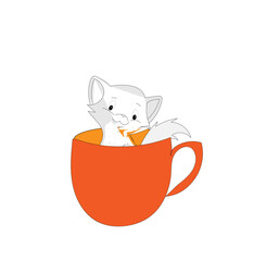 the cat is white with gray in an orange cup on a white background