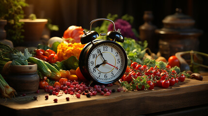 Fototapeta na wymiar Alarm clock with vegetables and fruits.