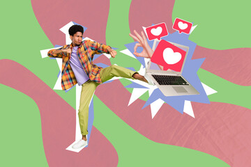 Photo comics sketch collage picture of cool funky guy kicking apple samsung modern gadget isolated creative background