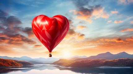Obraz premium A large, red, heart-shaped balloon flies high in the clouds over the mountains at sunset. An unusual gift for a holiday, emotions, balloonists, extreme sports.