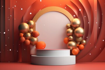 New year festival with stage product display cylindrical shape and festive decoration for New year, Minimal scene for mockup products, promotion display, 3D rendering product display platform.