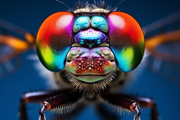 Photo of a vividly colored dragonfly in extreme close-up. Generative AI