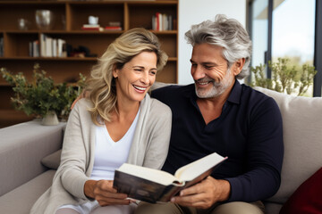 Happy elderly man and woman sitting on the sofa together, holding a book together, smiling.