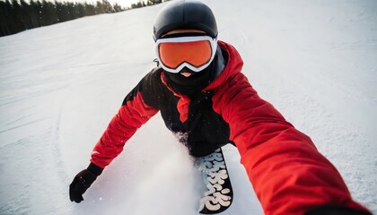 Fototapeta na wymiar Action-Packed Snowboarding Selfie in Pristine Winter Landscape, copy space, panorama