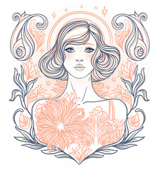 Tribal Fusion Boho Diva. Beautiful divine girl with peony flowers. Bohemian goddess. Hand drawn elegant illustration.