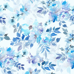 Fototapeta premium 水彩で描いたブルーの草花のシームレスパターン