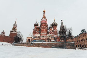 Moscow, Russia, Red square, view of St. Basil Cathedral in winter, bright day