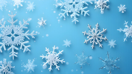 Cristal snowflakes on snow - Christmas and Winter background - Natural snowdrift close up with abstract blue lighting blurred background