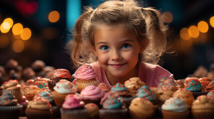 Fototapeta na wymiar Child with a variety yummy muffins cupcakes.
