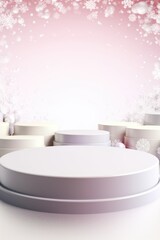 Merry Christmas banner with stage product display cylindrical shape and festive decoration for Christmas, snow background, promotion display, 3D rendering product display platform.
