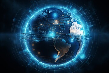 Fototapeta premium Planet Earth covered by Artificial Intelligence. Futuristic digital planet. View from the outer space
