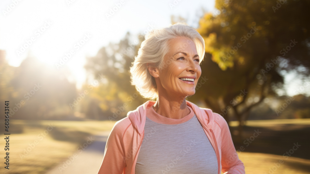 Wall mural mature woman cancer patients walk for exercise in the park