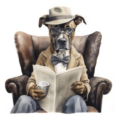 A charming watercolor illustration portraying a smart-looking dog sitting on a cozy chair, holding a newspaper with its front paws