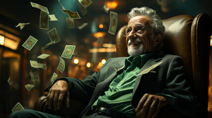 Elderly man sitting on chair with a flying banknotes.