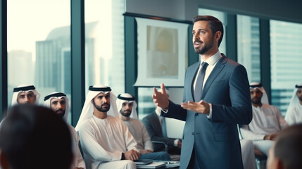 A Dubai businessman gives a clever presentation to a business partner - obrazy, fototapety, plakaty