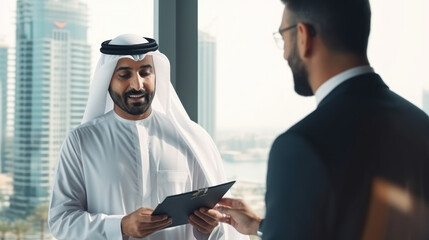 A Dubai businessman gives a clever presentation to a business partner - obrazy, fototapety, plakaty