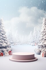Merry Christmas banner with stage product display cylindrical shape and festive decoration for Christmas, snow background, promotion display, 3D rendering product display platform.