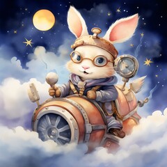 A cute rabbit with aviator goggles and a scarf riding a whimsical watercolor rocket through the sky