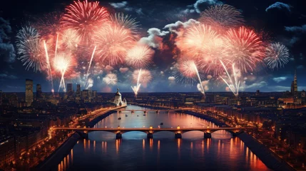 Gordijnen Beautiful fireworks night in the city of celebration © EmmaStock