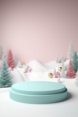 Merry Christmas banner with stage product display cylindrical shape and festive decoration for Christmas, snow background, promotion display, 3D rendering product display platform.
