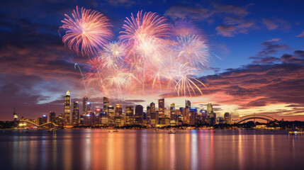 Beautiful fireworks night in the city of celebration Australia - obrazy, fototapety, plakaty