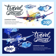 Travel gift card, voucher, certificate. Vector hand drawn watercolor sketch illustration of flying airplane and clouds