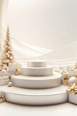 Merry Christmas banner with stage product display cylindrical shape and festive decoration for Christmas, snow background, promotion display, 3D rendering product display platform.