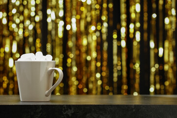 Table background of free space for you decoration. Kitchen interior and christmas time. Board of empty space and sun light with shadows. December composition. 