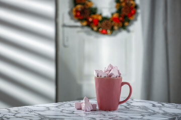 Table background of free space for you decoration. Kitchen interior and christmas time. Board of empty space and sun light with shadows. December composition. 