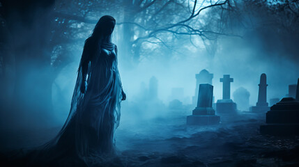Mysterious female ghost silhouette veiled in translucent fabric emerges from fog in old cemetery among tombstones, creating an otherworldly ambiance and aura of ghostly mystique, scary ghost at night