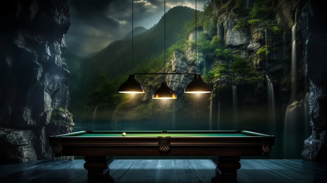 Billiard table against picturesque landscape of serene nature captures tranquil concentration of billiards game symbolizes fusion of strategic pool gameplay with calming influence of outdoors