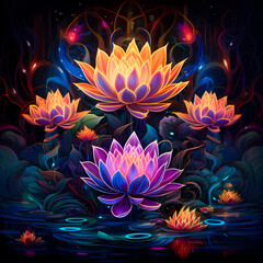 a dreamscape featuring the chromatic glow of neon lights, jungle elements, and abstract lotus elements, forming dynamic and captivating patterns