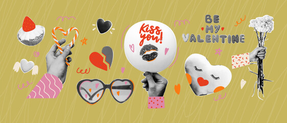 Valentine day halftone style collage elements with funky doodle shapes. Balloons, cake, heart, flower, sunglasses. Trendy vector illustration