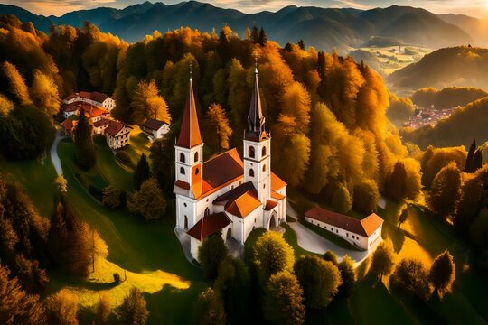 skofja loka, slovenia - aerial panoramic view of the beautiful hilltop church of sveti to maze (saint thomas) with amazing golden sunset and the julianvalps at background at summer--