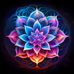 a symphony featuring the chromatic glow of neon lights and abstract lotus elements
