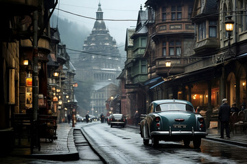 Timeless Elegance: Vintage Cars in a Classic European Town - obrazy, fototapety, plakaty