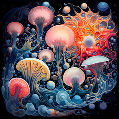 a chromatic mirage featuring abstract coral formations during nightfall with influences of quantum mechanics, capturing dynamic patterns and celestial elements