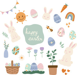 hand drawn illustration of a set of Easter holiday sticker pack design elements. Cute elements doodle collection in flat style. For poster, card, scrapbooking, invitation, graphic, social media