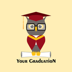 Wise owl in glasses, in a graduate hats, academic squares or student caps holds a certificate, paper roll, scroll document, diploma in paws. Vector owl character