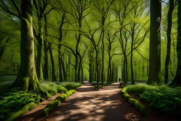 spring landscape with pathway thorough the wood,young green leaves on the tree, rose of big trees trunks along the walkways, amsterdamse bos (forest) A park in amsttelveen and amstrerdam,--