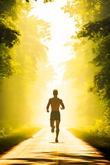Runner in Golden Morning Light on Forest Path