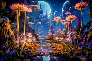 Psychedelic Magical Landscape with Hallucinogenic Mushrooms and Mysterious Space