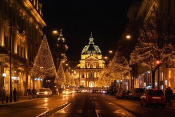 Fototapeta na wymiar Evening town street with Christmas illumination. Created with Generative AI.