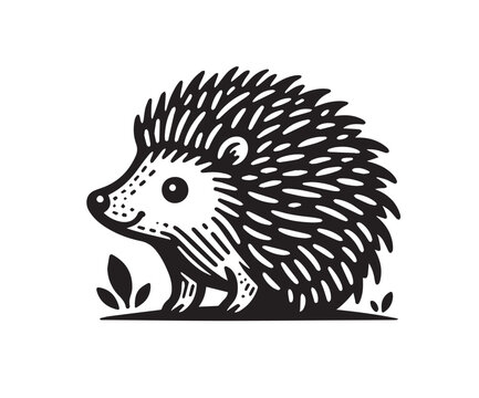 Cute little hedgehog black vector illustration. Monochrome icon, logo