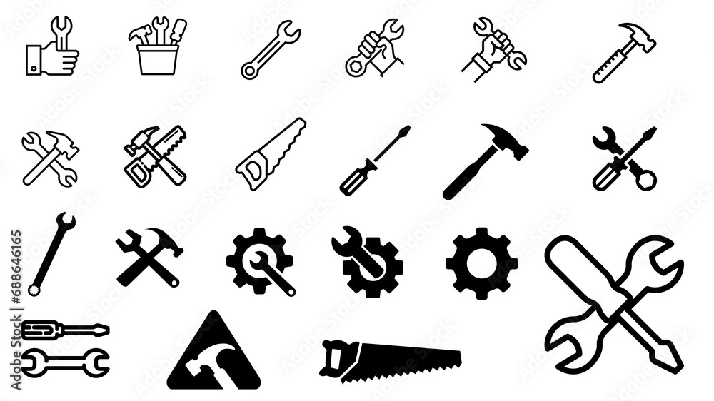 Wall mural construction and do-it-yourself tools icons in black and white. transparent background. resource in 