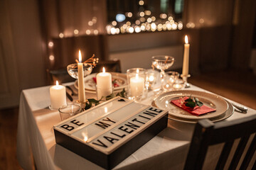holidays, valentine's day and celebration concept - close up of festive table serving with be my...