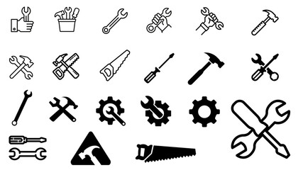 Construction and do-it-yourself tools icons in black and white. Transparent background. Resource in png.